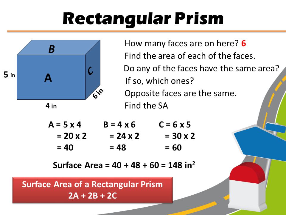 Example: Find the surface area of this rectangular prism Surface Area of a Prism It is made by: 2 congruent bases, and 4 lateral faces Calculate the area of each face.
