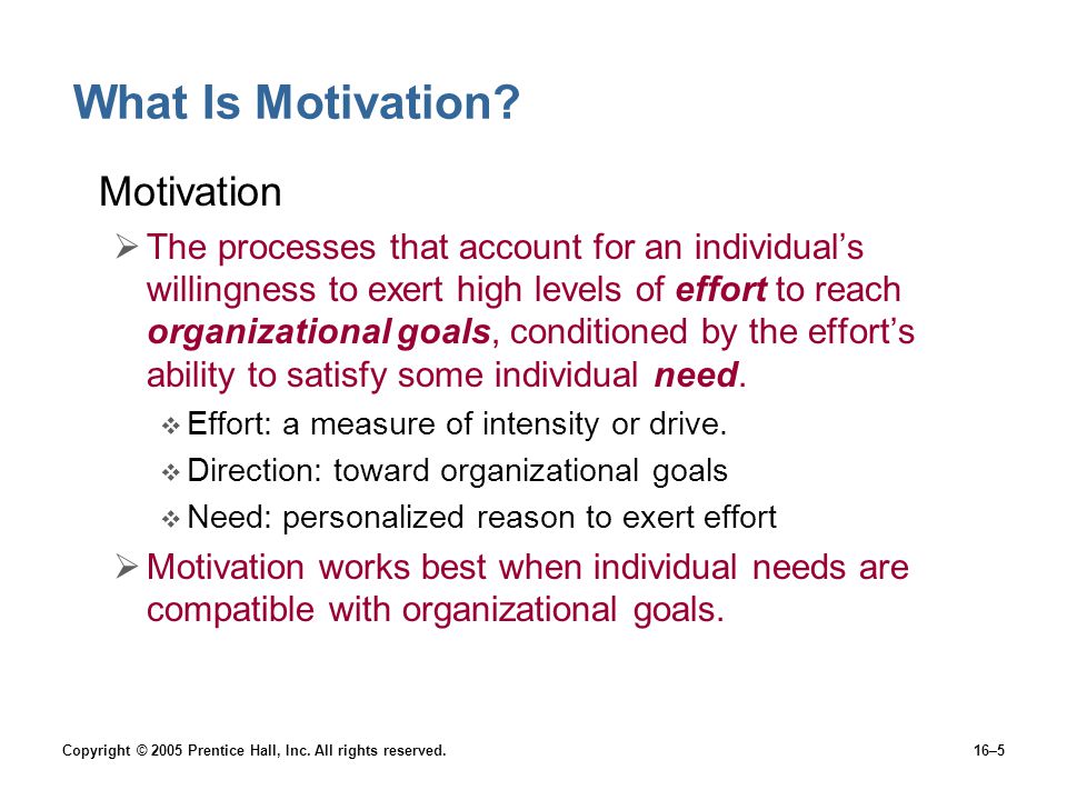 Copyright © 2005 Prentice Hall, Inc. All rights reserved.16–5 What Is Motivation.