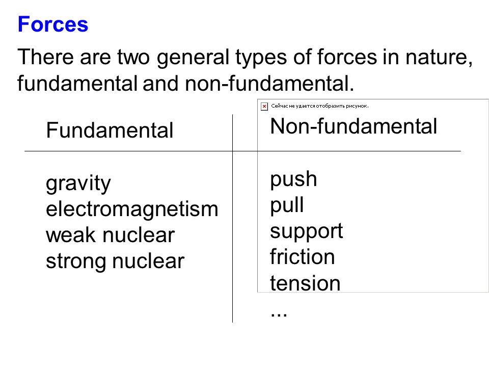There are two general types of forces in nature, fundamental and non-fundamental.