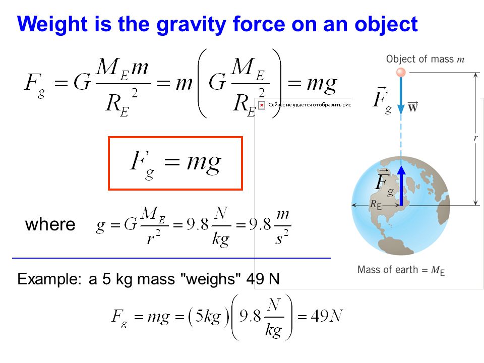 Weight is the gravity force on an object where Example: a 5 kg mass weighs 49 N