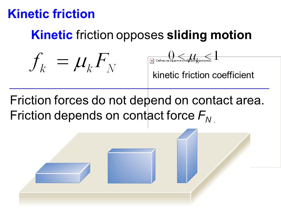 Kinetic friction opposes sliding motion kinetic friction coefficient Kinetic friction Friction forces do not depend on contact area.