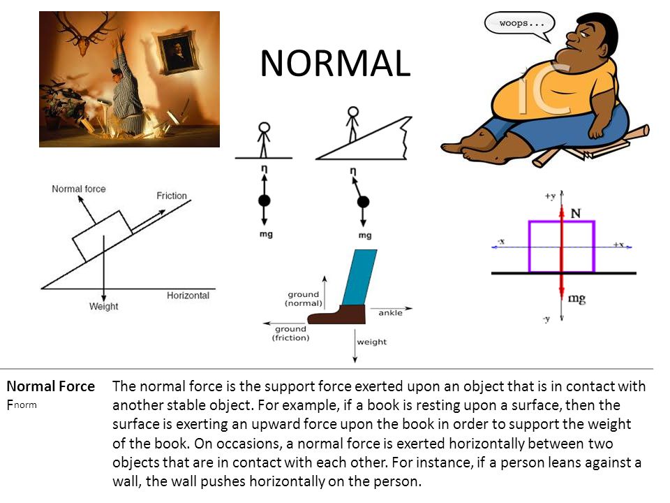NORMAL Normal Force F norm The normal force is the support force exerted upon an object that is in contact with another stable object.