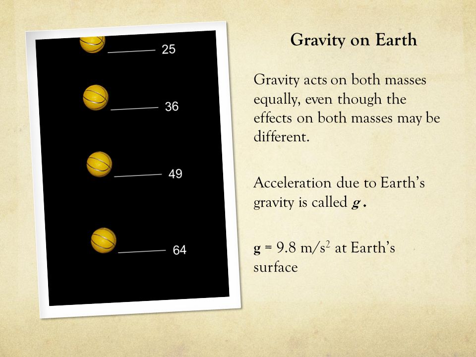 Gravity on Earth Gravity acts on both masses equally, even though the effects on both masses may be different.