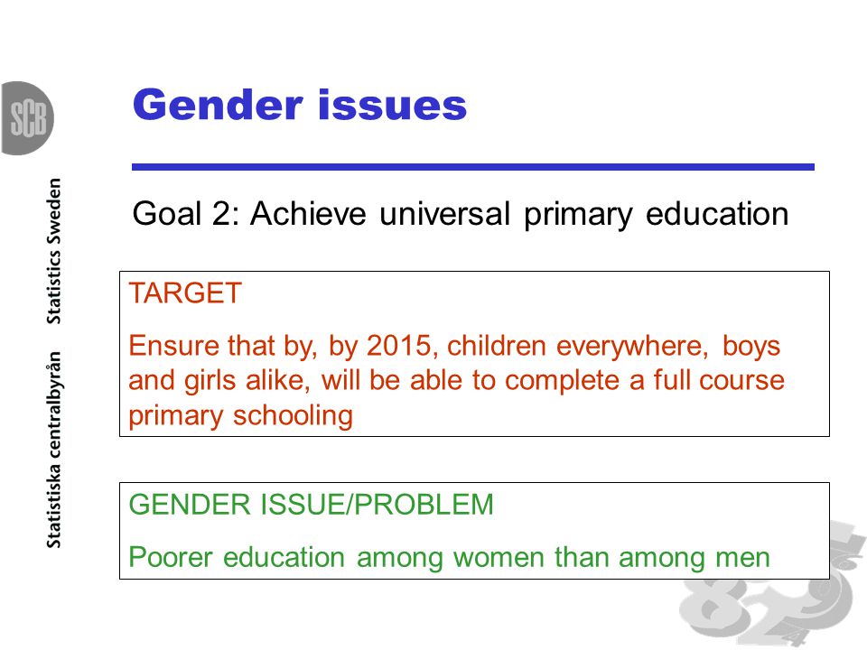 Gender issues Goal 2: Achieve universal primary education TARGET Ensure that by, by 2015, children everywhere, boys and girls alike, will be able to complete a full course primary schooling GENDER ISSUE/PROBLEM Poorer education among women than among men