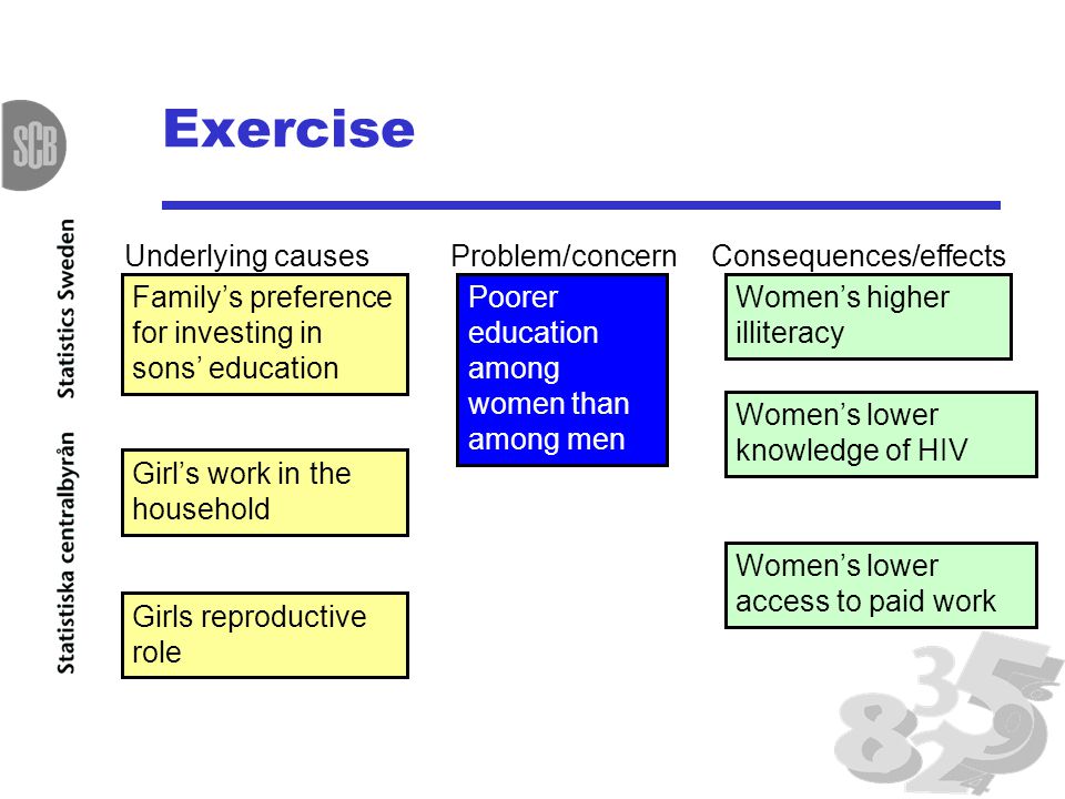 Exercise Poorer education among women than among men Problem/concern Family’s preference for investing in sons’ education Underlying causes Girl’s work in the household Girls reproductive role Consequences/effects Women’s higher illiteracy Women’s lower knowledge of HIV Women’s lower access to paid work