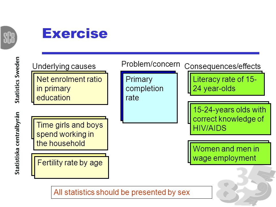 Exercise Poorer education among women than among men Problem/concern Family’s preference for investing in sons’ education Underlying causes Girl’s work in the household Girls reproductive role Consequences/effects Women’s higher illiteracy Women more vulnerable to HIV Women’s lower access to paid work Primary completion rate Net enrolment ratio in primary education Time girls and boys spend working in the household Fertility rate by age Literacy rate of year-olds years olds with correct knowledge of HIV/AIDS All statistics should be presented by sex Women and men in wage employment