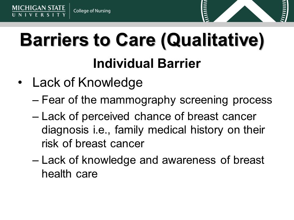 Barriers to Care (Qualitative) Individual Barrier Lack of Knowledge –Fear of the mammography screening process –Lack of perceived chance of breast cancer diagnosis i.e., family medical history on their risk of breast cancer –Lack of knowledge and awareness of breast health care