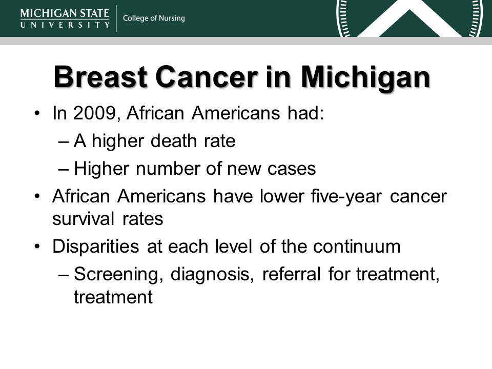 Breast Cancer in Michigan In 2009, African Americans had: –A higher death rate –Higher number of new cases African Americans have lower five-year cancer survival rates Disparities at each level of the continuum –Screening, diagnosis, referral for treatment, treatment
