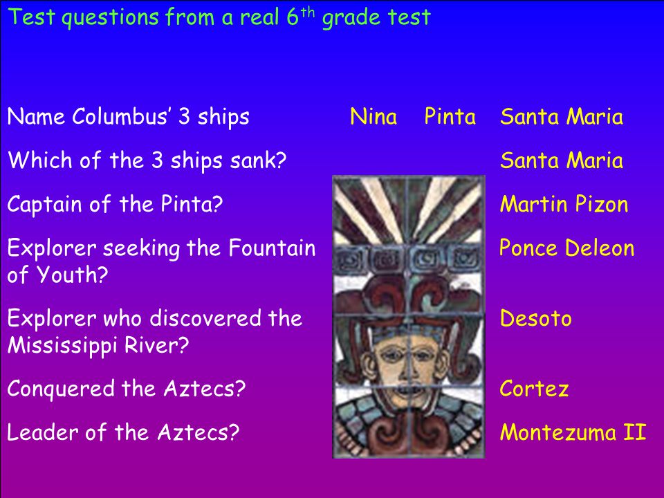 Test questions from a real 6 th grade test Name Columbus’ 3 shipsNinaPintaSanta Maria Which of the 3 ships sank Santa Maria Captain of the Pinta Martin Pizon Explorer seeking the Fountain of Youth.