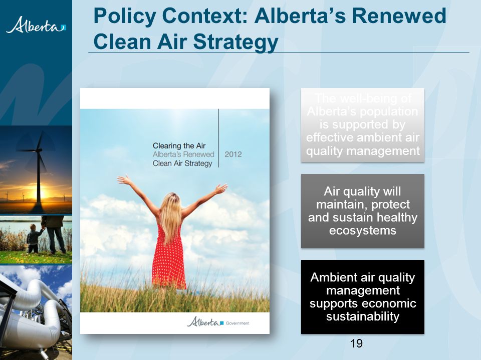 Policy Context: Alberta’s Renewed Clean Air Strategy 19 The well-being of Alberta’s population is supported by effective ambient air quality management Air quality will maintain, protect and sustain healthy ecosystems Ambient air quality management supports economic sustainability