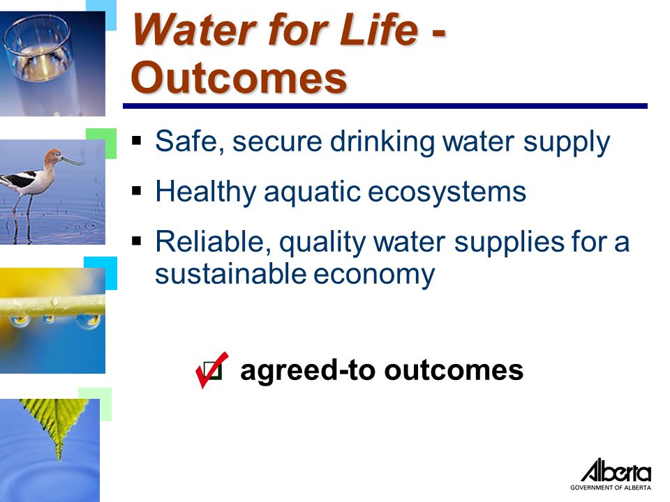 Water for Life - Outcomes  Safe, secure drinking water supply  Healthy aquatic ecosystems  Reliable, quality water supplies for a sustainable economy  agreed-to outcomes