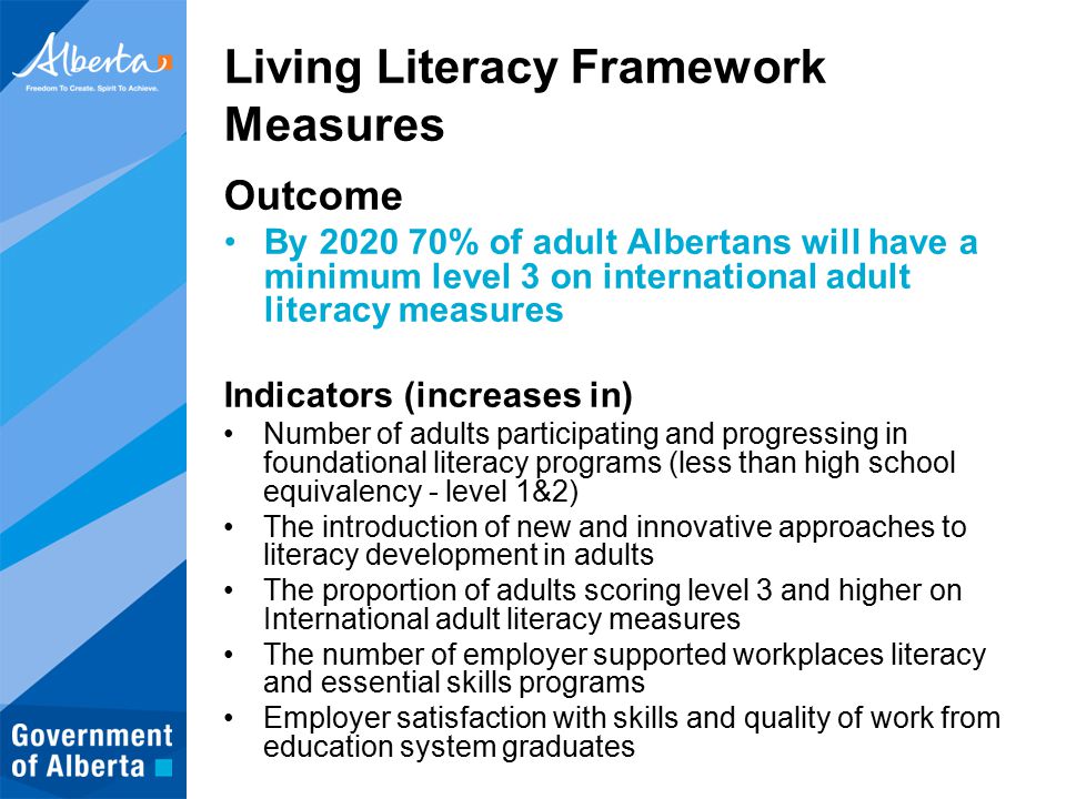 Living Literacy Framework Measures Outcome By % of adult Albertans will have a minimum level 3 on international adult literacy measures Indicators (increases in) Number of adults participating and progressing in foundational literacy programs (less than high school equivalency - level 1&2) The introduction of new and innovative approaches to literacy development in adults The proportion of adults scoring level 3 and higher on International adult literacy measures The number of employer supported workplaces literacy and essential skills programs Employer satisfaction with skills and quality of work from education system graduates