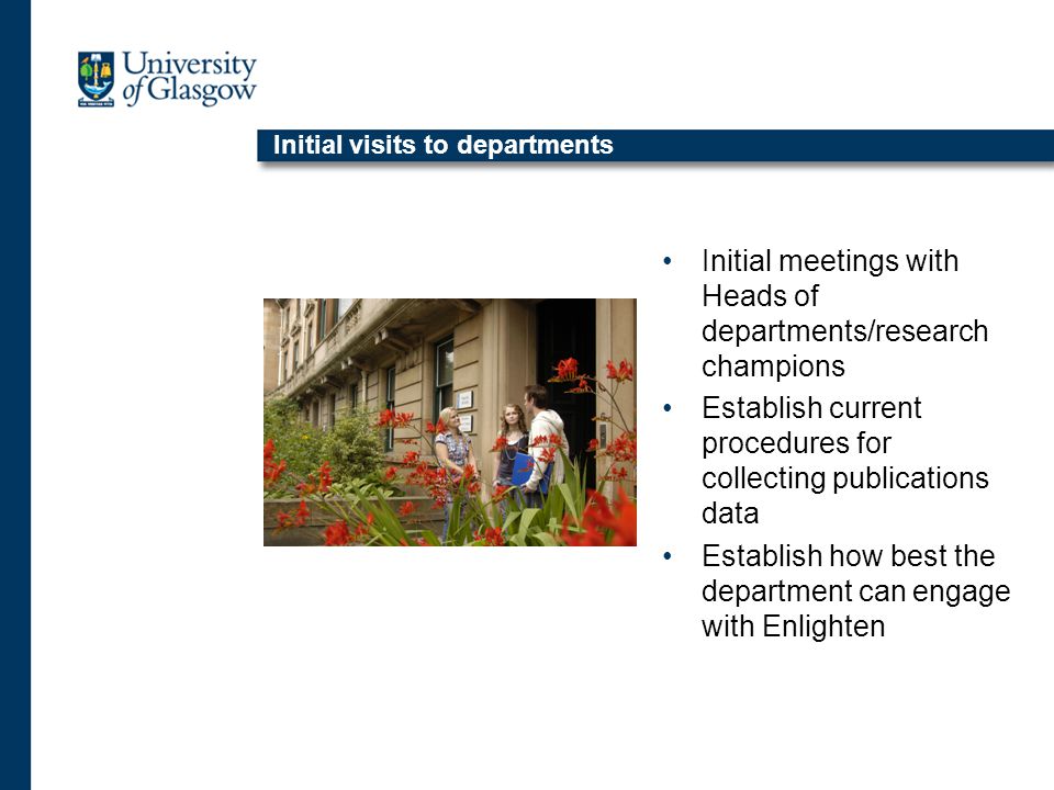 Initial visits to departments Initial meetings with Heads of departments/research champions Establish current procedures for collecting publications data Establish how best the department can engage with Enlighten