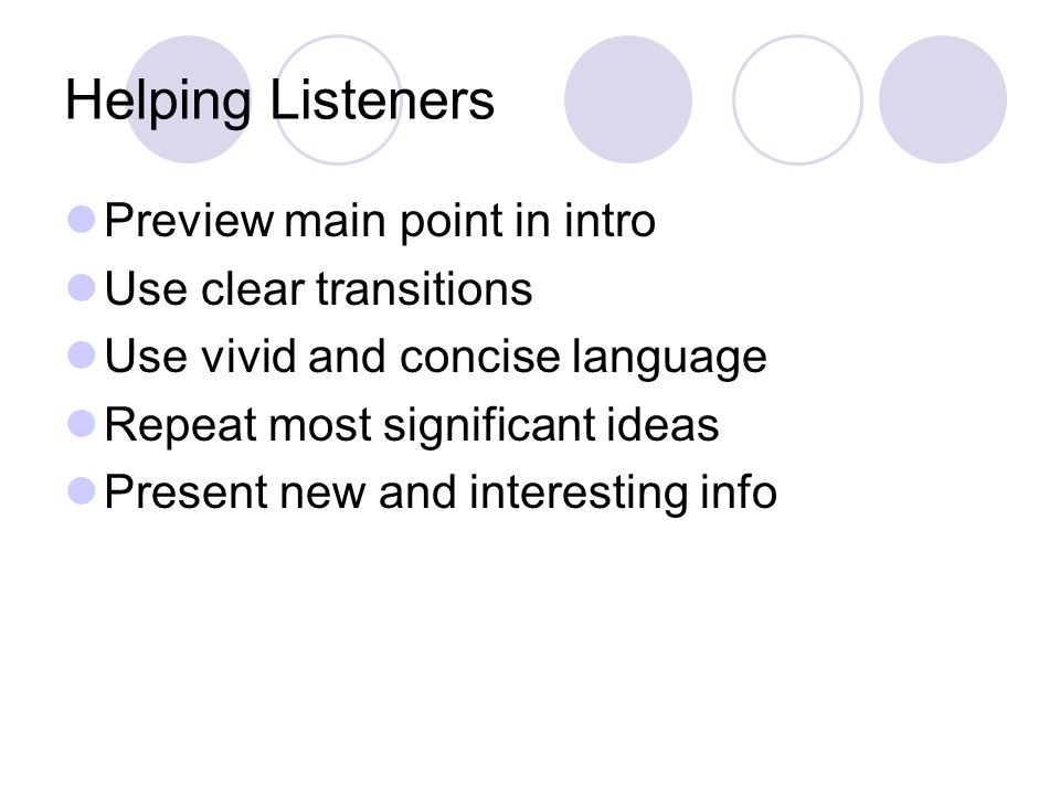 Helping Listeners Preview main point in intro Use clear transitions Use vivid and concise language Repeat most significant ideas Present new and interesting info
