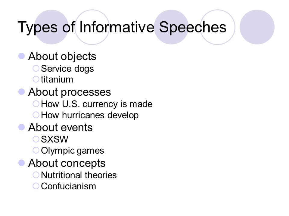 Types of Informative Speeches About objects  Service dogs  titanium About processes  How U.S.