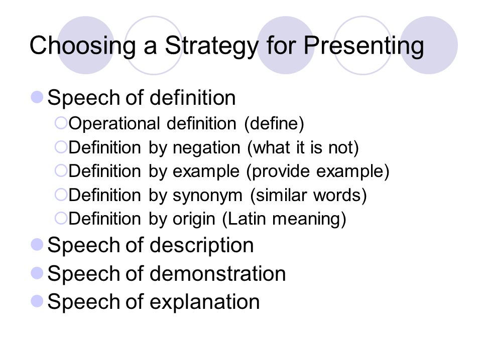 Choosing a Strategy for Presenting Speech of definition  Operational definition (define)  Definition by negation (what it is not)  Definition by example (provide example)  Definition by synonym (similar words)  Definition by origin (Latin meaning) Speech of description Speech of demonstration Speech of explanation