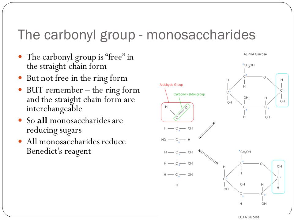 The carbonyl group - monosaccharides The carbonyl group is free in the straight chain form But not free in the ring form BUT remember – the ring form and the straight chain form are interchangeable So all monosaccharides are reducing sugars All monosaccharides reduce Benedict’s reagent