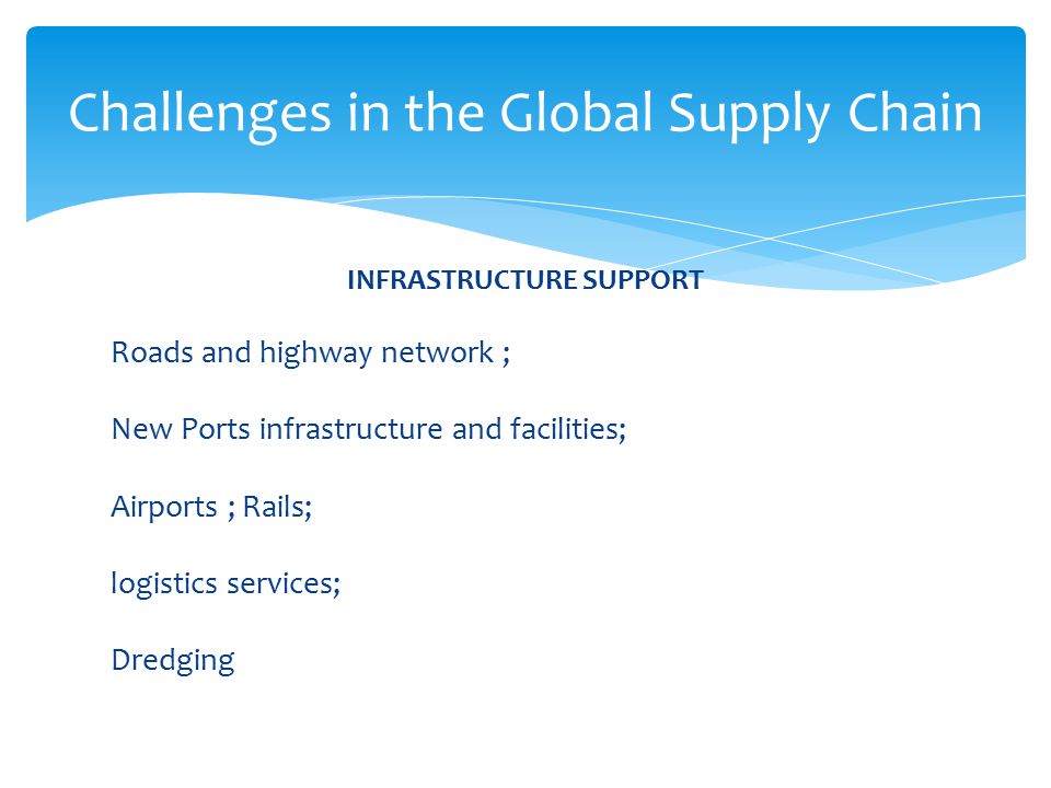 INFRASTRUCTURE SUPPORT Roads and highway network ; New Ports infrastructure and facilities; Airports ; Rails; logistics services; Dredging Challenges in the Global Supply Chain