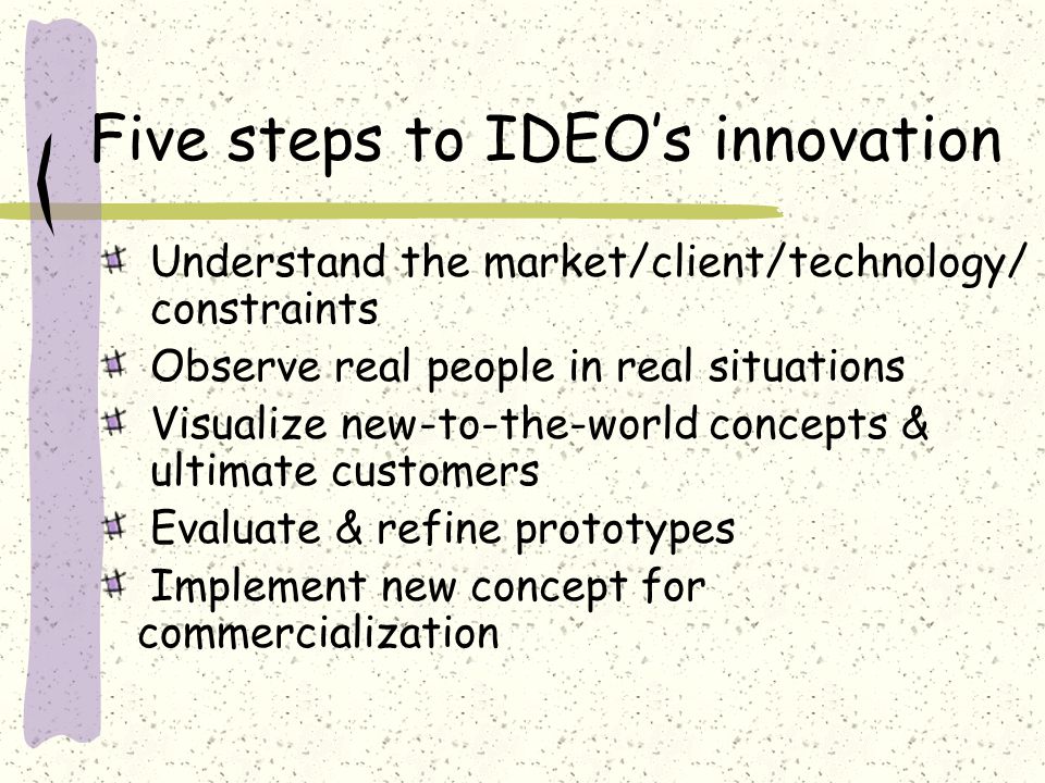Five steps to IDEO’s innovation Understand the market/client/technology/ constraints Observe real people in real situations Visualize new-to-the-world concepts & ultimate customers Evaluate & refine prototypes Implement new concept for commercialization