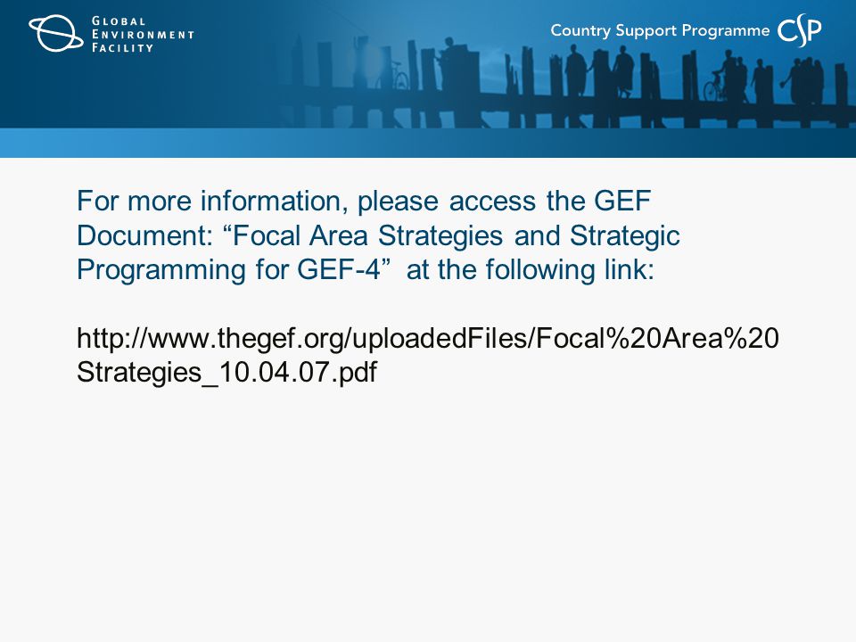 For more information, please access the GEF Document: Focal Area Strategies and Strategic Programming for GEF-4 at the following link:   Strategies_ pdf