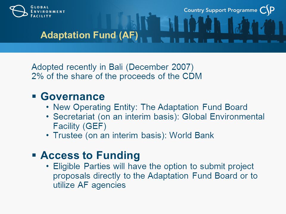 Adaptation Fund (AF) Adopted recently in Bali (December 2007) 2% of the share of the proceeds of the CDM  Governance New Operating Entity: The Adaptation Fund Board Secretariat (on an interim basis): Global Environmental Facility (GEF) Trustee (on an interim basis): World Bank  Access to Funding Eligible Parties will have the option to submit project proposals directly to the Adaptation Fund Board or to utilize AF agencies
