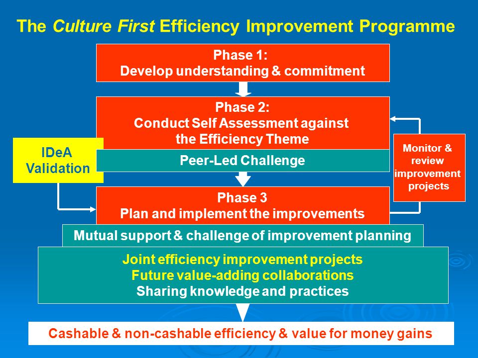 The Culture First Efficiency Improvement Programme Phase 1: Develop understanding & commitment Phase 2: Conduct Self Assessment against the Efficiency Theme Phase 3 Plan and implement the improvements IDeA Validation Monitor & review improvement projects Cashable & non-cashable efficiency & value for money gains Joint efficiency improvement projects Future value-adding collaborations Sharing knowledge and practices Mutual support & challenge of improvement planning Peer-Led Challenge