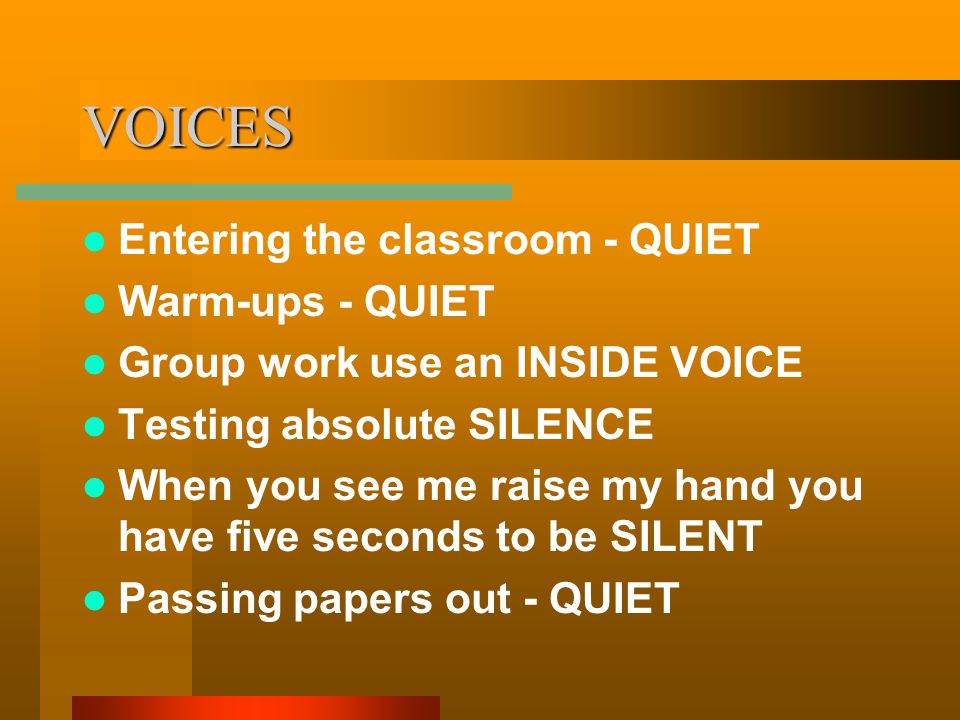 VOICES Entering the classroom - QUIET Warm-ups - QUIET Group work use an INSIDE VOICE Testing absolute SILENCE When you see me raise my hand you have five seconds to be SILENT Passing papers out - QUIET