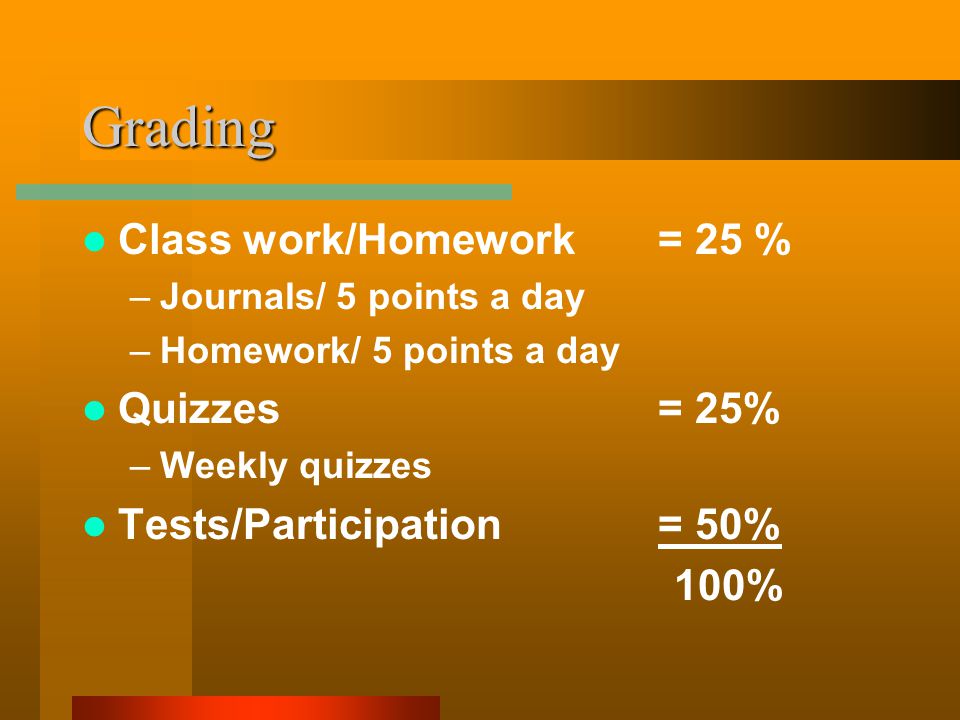 Grading Class work/Homework = 25 % –Journals/ 5 points a day –Homework/ 5 points a day Quizzes = 25% –Weekly quizzes Tests/Participation = 50% 100%