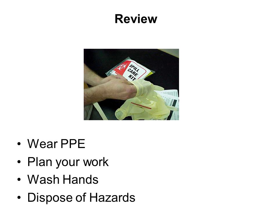 Review Wear PPE Plan your work Wash Hands Dispose of Hazards