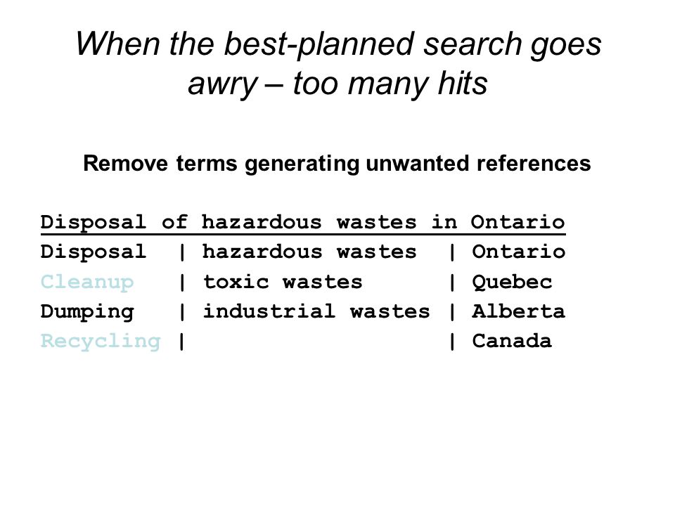 When the best-planned search goes awry – too many hits Remove terms generating unwanted references Disposal of hazardous wastes in Ontario Disposal| hazardous wastes| Ontario Cleanup | toxic wastes| Quebec Dumping| industrial wastes| Alberta Recycling || Canada