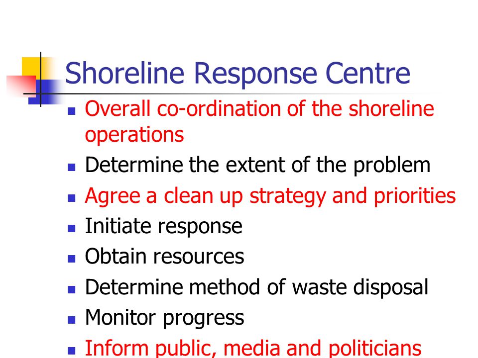 Shoreline Response Centre Overall co-ordination of the shoreline operations Determine the extent of the problem Agree a clean up strategy and priorities Initiate response Obtain resources Determine method of waste disposal Monitor progress Inform public, media and politicians