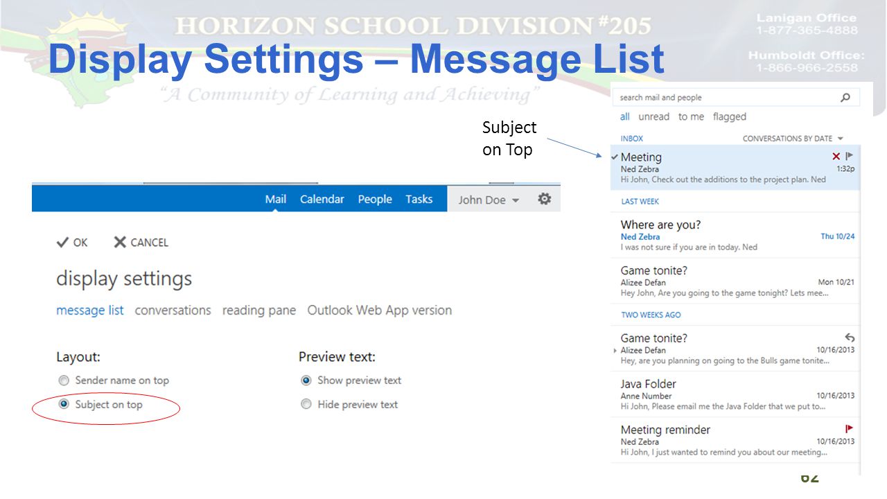 Display Settings – Message List 62 Subject on Top
