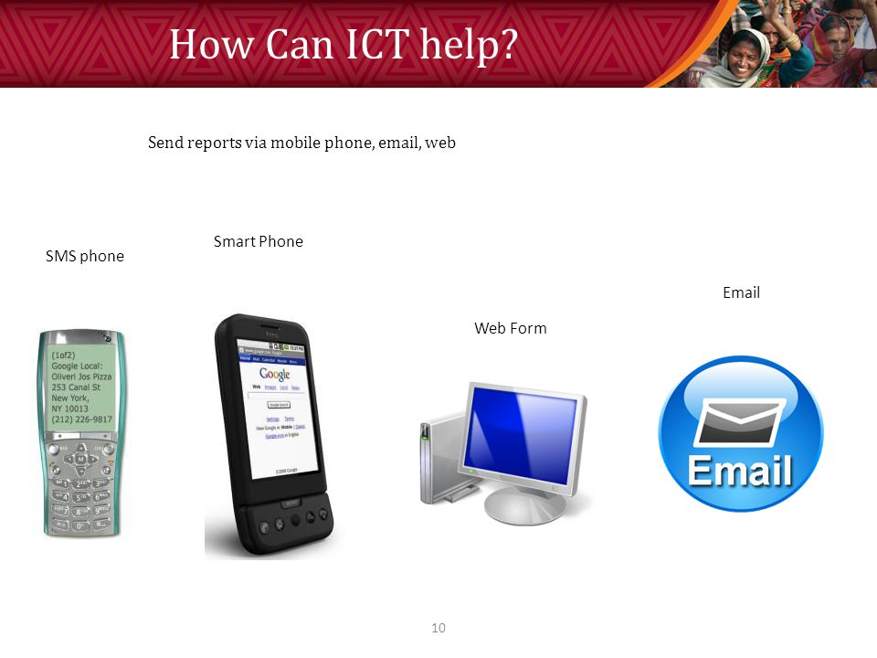 Send reports via mobile phone,  , web 10 SMS phone Smart Phone Web Form  How Can ICT help