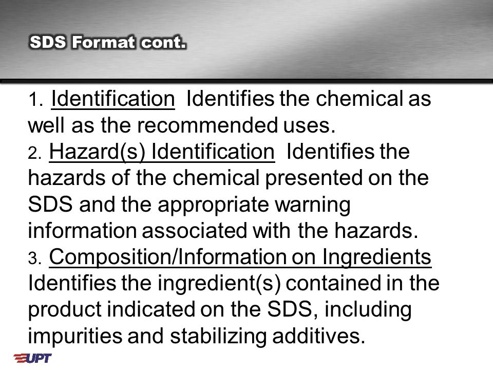 1. Identification Identifies the chemical as well as the recommended uses.