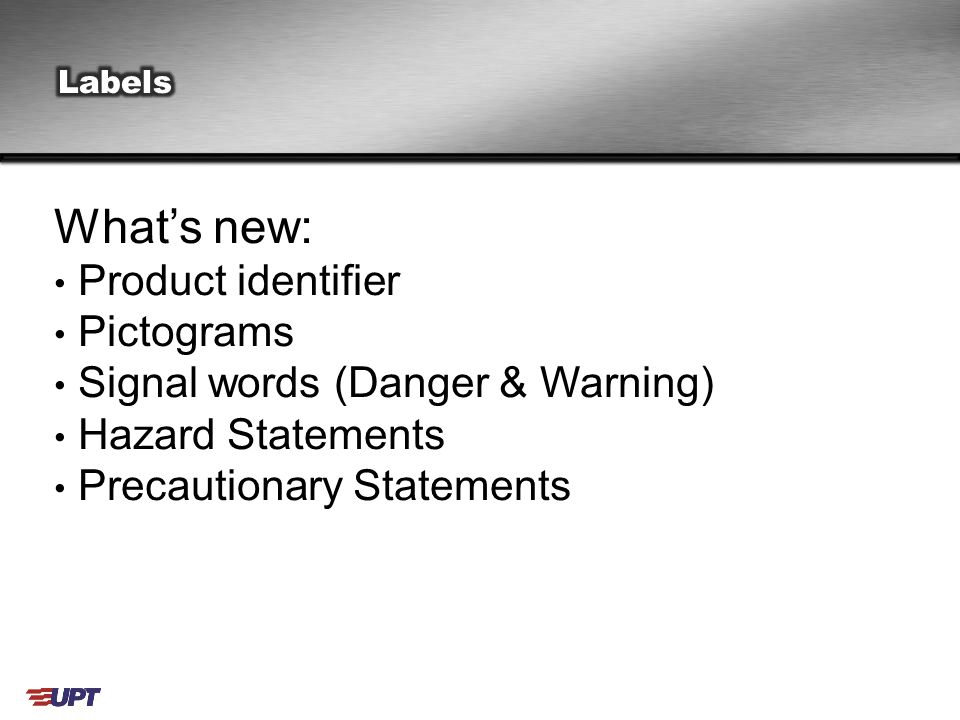 What’s new: Product identifier Pictograms Signal words (Danger & Warning) Hazard Statements Precautionary Statements
