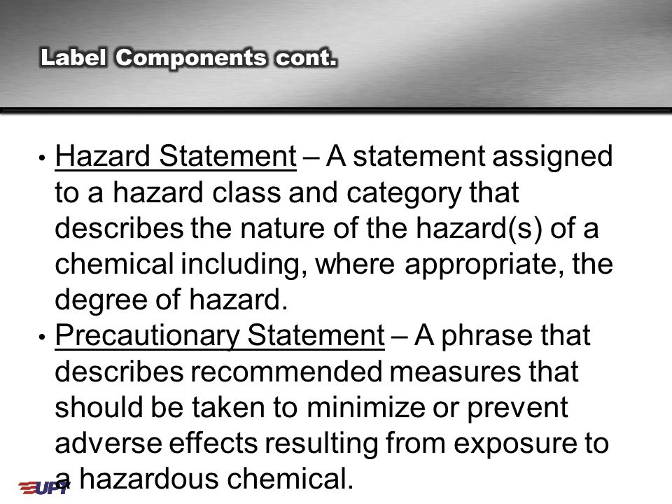 Hazard Statement – A statement assigned to a hazard class and category that describes the nature of the hazard(s) of a chemical including, where appropriate, the degree of hazard.
