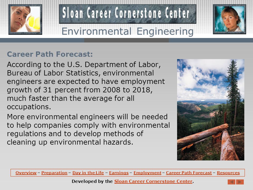 Employment (continued): Environmental Engineers work in a wide variety of industries, including chemical, pharmaceutical, water/wastewater treatment, mining, and manufacturing, and can be involved in hazardous waste remediation, air pollution control, facilities planning, and environmental consulting.