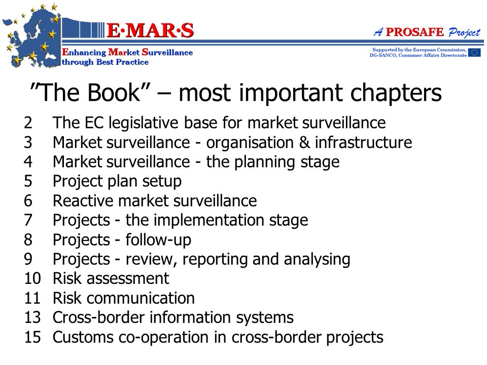 2The EC legislative base for market surveillance 3Market surveillance - organisation & infrastructure 4Market surveillance - the planning stage 5Project plan setup 6Reactive market surveillance 7Projects - the implementation stage 8Projects - follow-up 9Projects - review, reporting and analysing 10Risk assessment 11Risk communication 13Cross-border information systems 15Customs co-operation in cross-border projects The Book – most important chapters