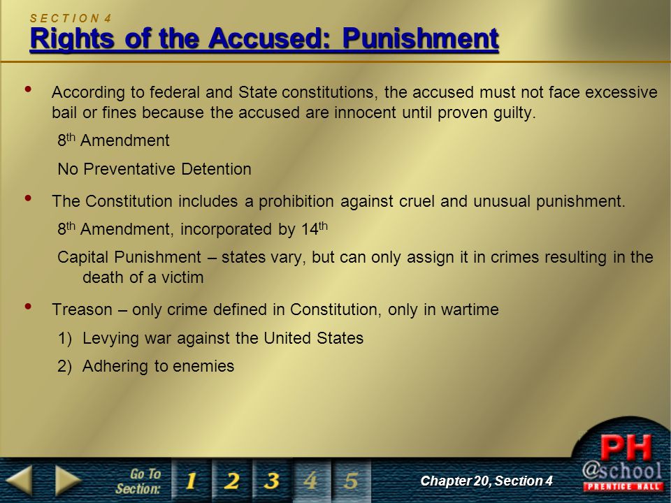 Rights of the Accused: Punishment S E C T I O N 4 Rights of the Accused: Punishment According to federal and State constitutions, the accused must not face excessive bail or fines because the accused are innocent until proven guilty.
