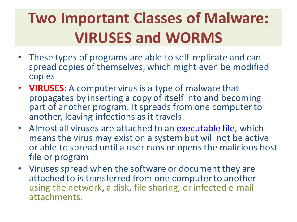 Two Important Classes of Malware: VIRUSES and WORMS These types of programs are able to self-replicate and can spread copies of themselves, which might even be modified copies VIRUSES: A computer virus is a type of malware that propagates by inserting a copy of itself into and becoming part of another program.