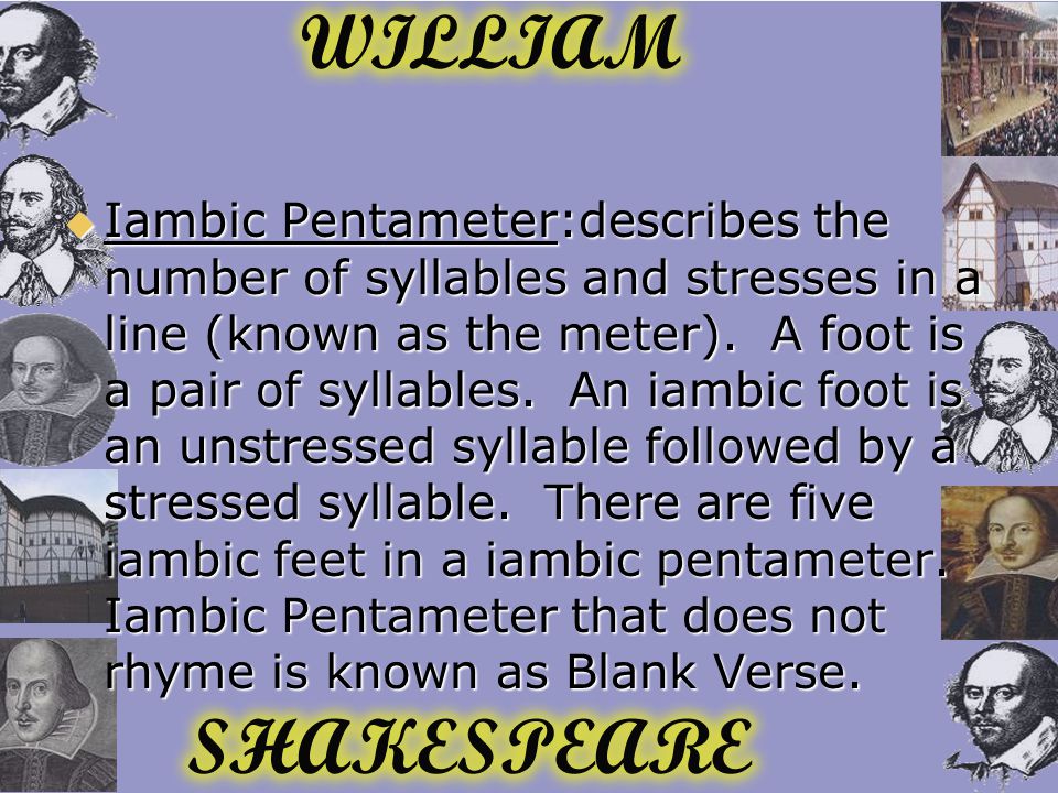  Iambic Pentameter:describes the number of syllables and stresses in a line (known as the meter).