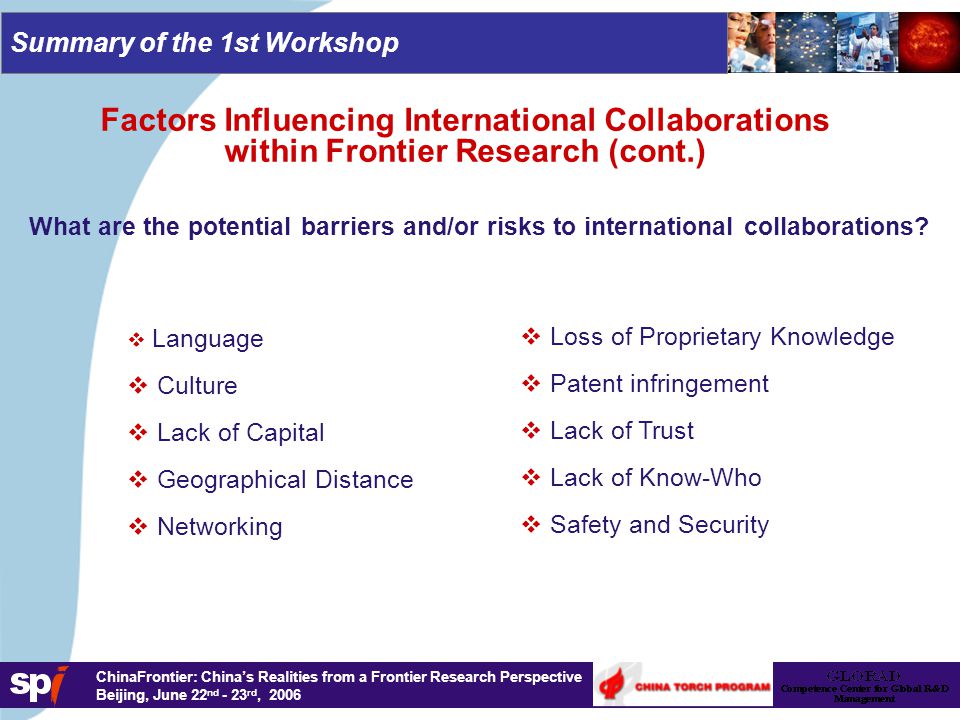 ChinaFrontier: China’s Realities from a Frontier Research Perspective Beijing, June 22 nd - 23 rd, 2006 Summary of the 1st Workshop What are the potential barriers and/or risks to international collaborations.