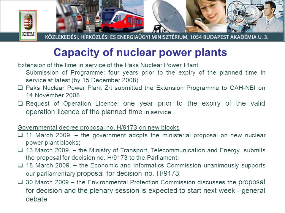 Capacity of nuclear power plants Extension of the time in service of the Paks Nuclear Power Plant Submission of Programme: four years prior to the expiry of the planned time in service at latest (by 15 December 2008)  Paks Nuclear Power Plant Zrt submitted the Extension Programme to OAH-NBI on 14 November 2008.