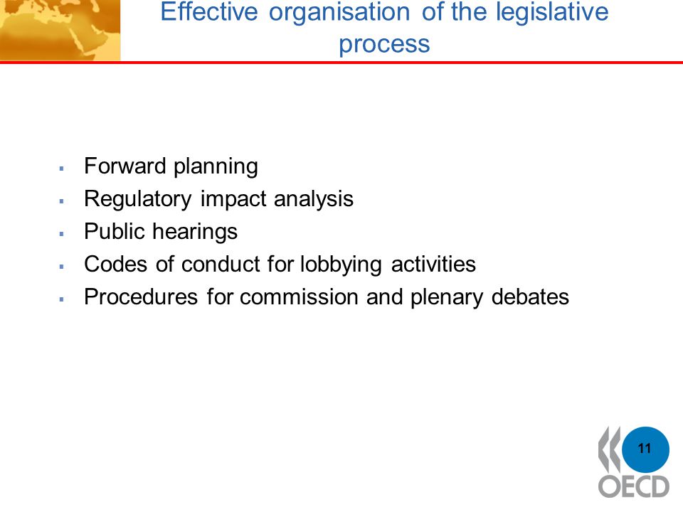 Effective organisation of the legislative process  Forward planning  Regulatory impact analysis  Public hearings  Codes of conduct for lobbying activities  Procedures for commission and plenary debates 11