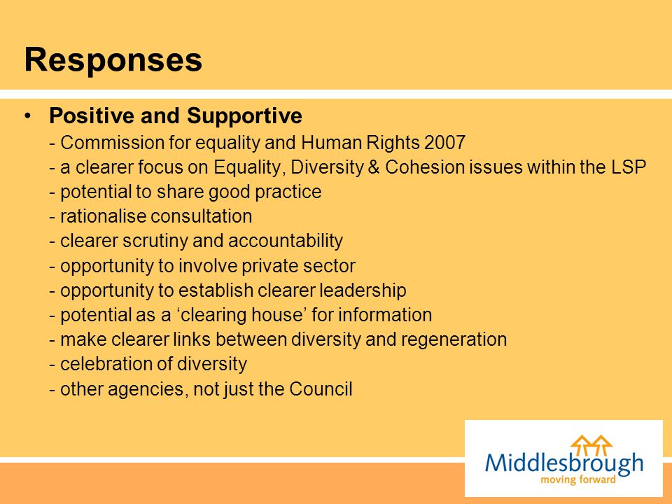 Responses Positive and Supportive - Commission for equality and Human Rights a clearer focus on Equality, Diversity & Cohesion issues within the LSP - potential to share good practice - rationalise consultation - clearer scrutiny and accountability - opportunity to involve private sector - opportunity to establish clearer leadership - potential as a ‘clearing house’ for information - make clearer links between diversity and regeneration - celebration of diversity - other agencies, not just the Council