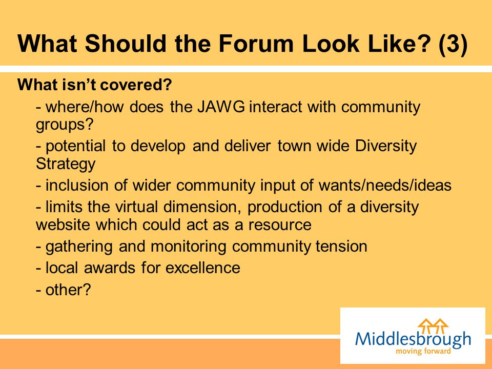 What Should the Forum Look Like. (3) What isn’t covered.