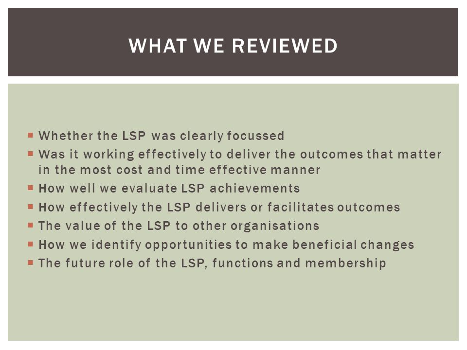  Whether the LSP was clearly focussed  Was it working effectively to deliver the outcomes that matter in the most cost and time effective manner  How well we evaluate LSP achievements  How effectively the LSP delivers or facilitates outcomes  The value of the LSP to other organisations  How we identify opportunities to make beneficial changes  The future role of the LSP, functions and membership WHAT WE REVIEWED