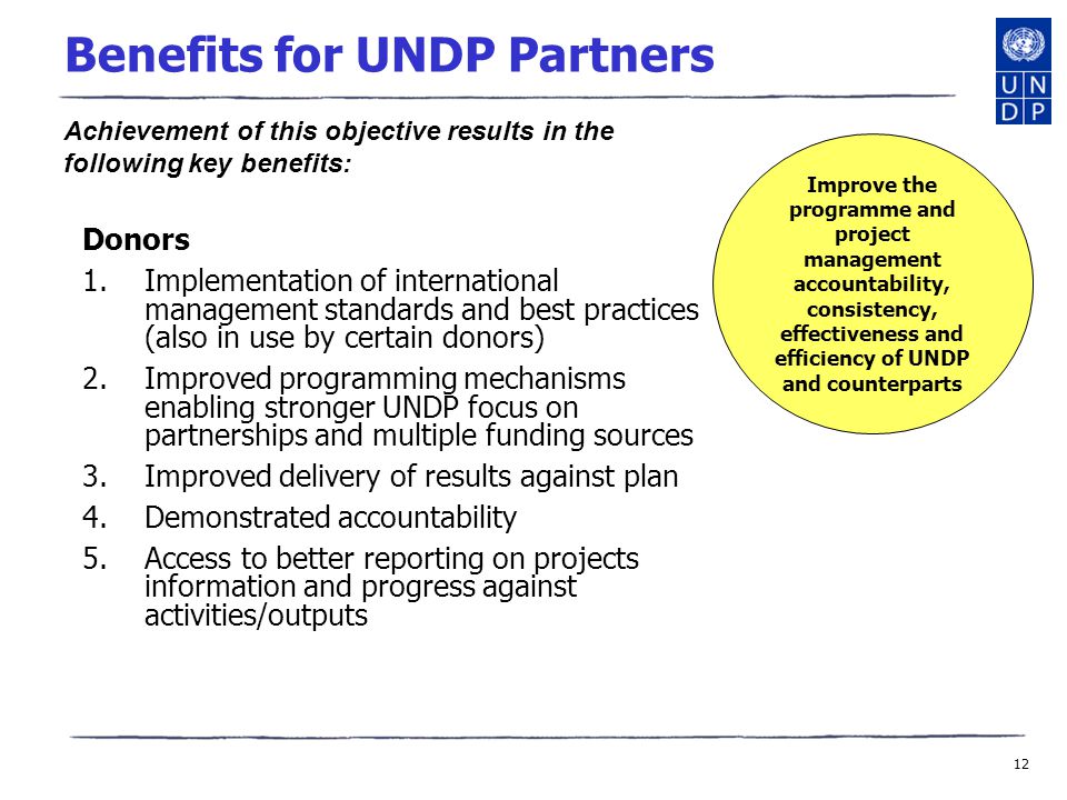 12 Benefits for UNDP Partners Donors 1.Implementation of international management standards and best practices (also in use by certain donors) 2.Improved programming mechanisms enabling stronger UNDP focus on partnerships and multiple funding sources 3.Improved delivery of results against plan 4.Demonstrated accountability 5.Access to better reporting on projects information and progress against activities/outputs Achievement of this objective results in the following key benefits: Improve the programme and project management accountability, consistency, effectiveness and efficiency of UNDP and counterparts