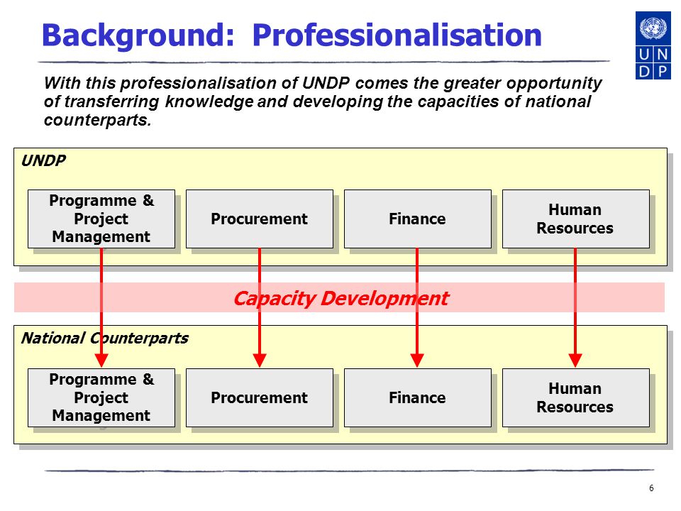 6 UNDP National Counterparts Background: Professionalisation With this professionalisation of UNDP comes the greater opportunity of transferring knowledge and developing the capacities of national counterparts.