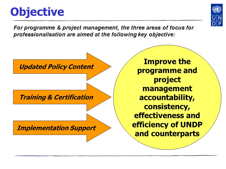 9 Objective Updated Policy Content Training & Certification Implementation Support Improve the programme and project management accountability, consistency, effectiveness and efficiency of UNDP and counterparts For programme & project management, the three areas of focus for professionalisation are aimed at the following key objective: